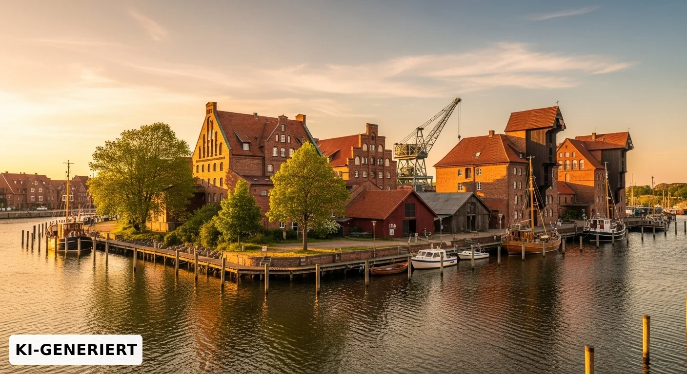 Abendstimmung über einer Hafeninsel — Impression zur Lage der Praxis PadS am Wasser